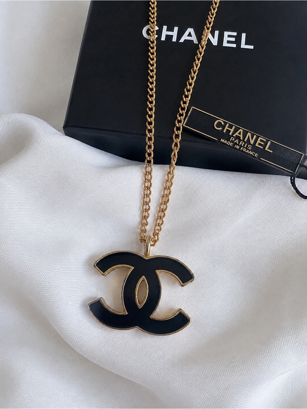Vintage CHANEL 02A Black Enamel Gold CC Logo Pendant Necklace
